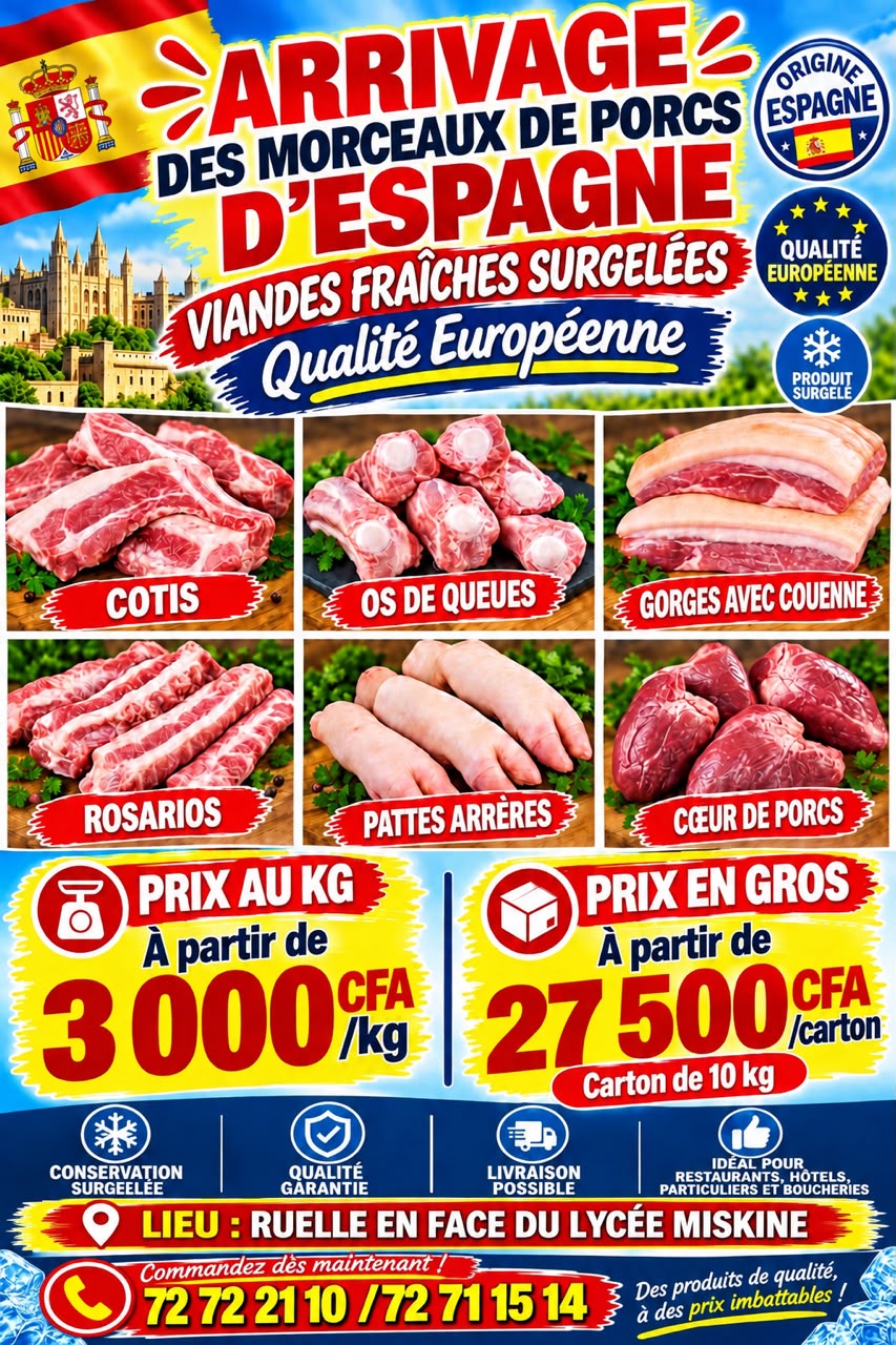 Arrivage des morceaux de porcs d'Espagne